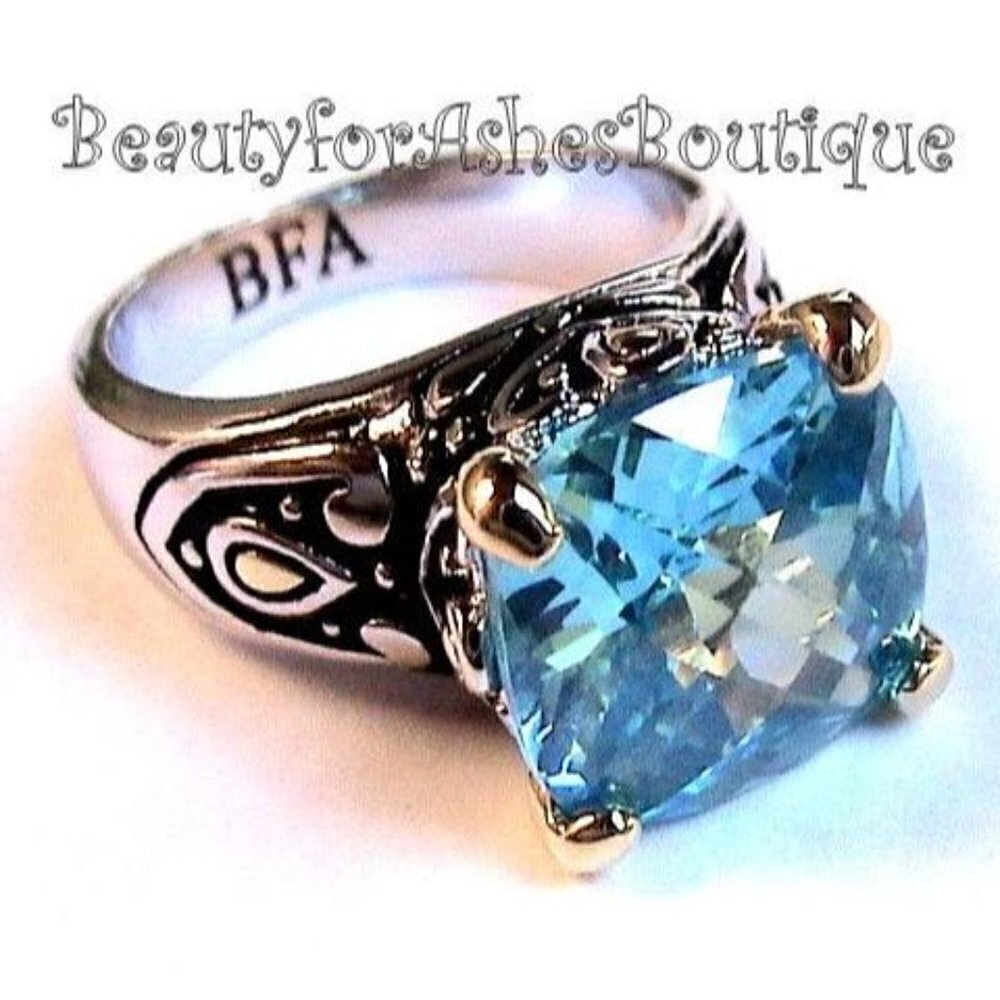 Elegant 12mm Faceted Aqua Blue CZ Throne Room Ring by Beauty for Ashes Size 7